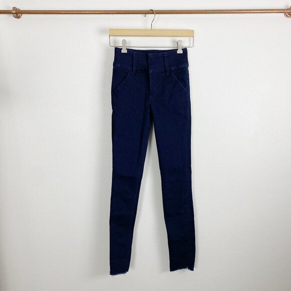 EXPRESS High Rise Dark Wash Legging Jegging Raw hem Jeans size 00 Regular - Picture 1 of 3